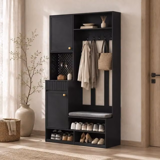 Set di mobili da ingresso moderno MIVRAY nero con panca imbottita, armadio, cassetti, 4 ganci e pannello forato L/P/H: 100 x 35 x 180 cm