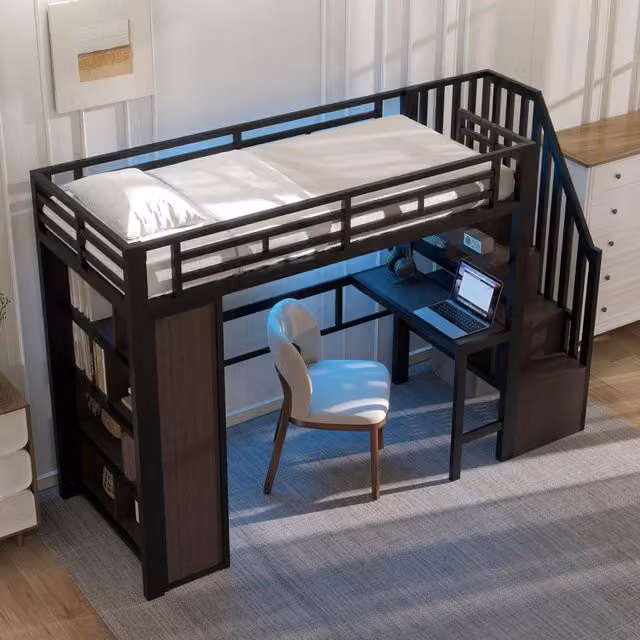 Letto a soppalco singolo 90 × 200 cm con scrivania, ripiani, scala contenitore e LED, senza materasso, nero