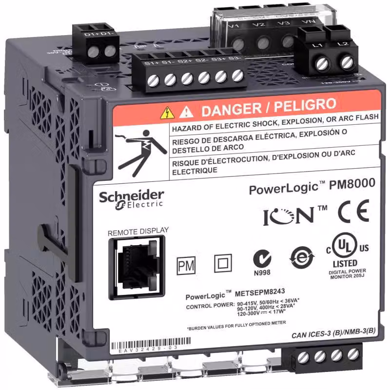 Schneider Electric Misuratore universale ION, PowerLogic PM8143, Essential, montaggio su guida DIN senza display, 64 MB, 128 campioni/periodo, CA/CC METSEPM8143