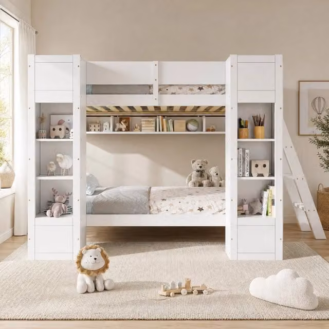Letto a castello 90 × 200 cm con 2 armadi frontali, ripiano sospeso, scala reversibile, senza materasso, bianco