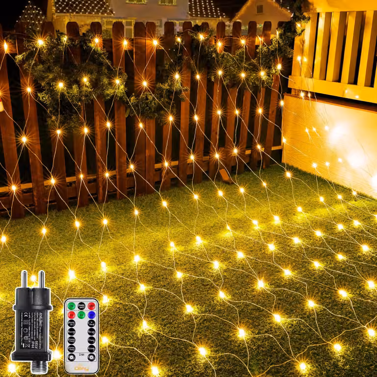 Illuminazione esterna, dimensioni 3x2 metri, 200 LED bianco caldo, con telecomando e timer
