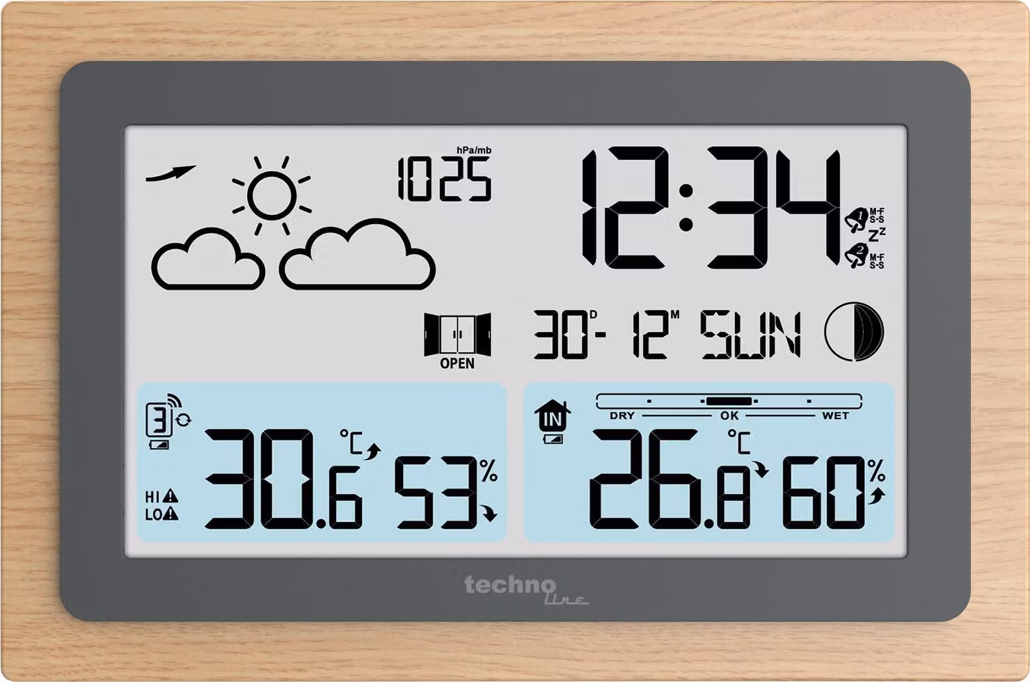 Technoline WS 6785 Stazione meteorologica senza fili con struttura in legno - temperatura interna/esterna | umidità | tendenza meteo e visualizzazione delle fasi lunari