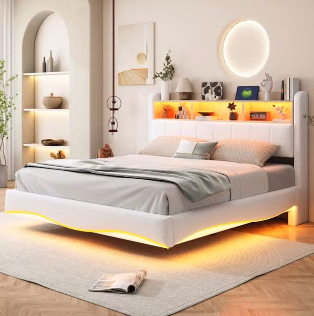 Letto imbottito sospeso 160x200 cm in lino beige con LED, USB e porta TYPE-C, modello con contenitore multifunzione