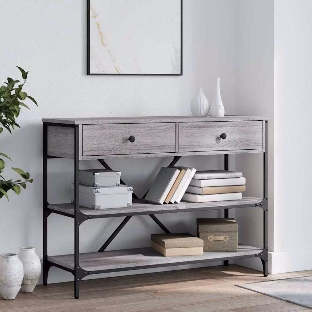 vidaXL Tavolino Consolle con Cassetti e Ripiani Grigio Sonoma in Legno e Metallo L: 80 cm, P: 34,5 cm, H: 75 cm