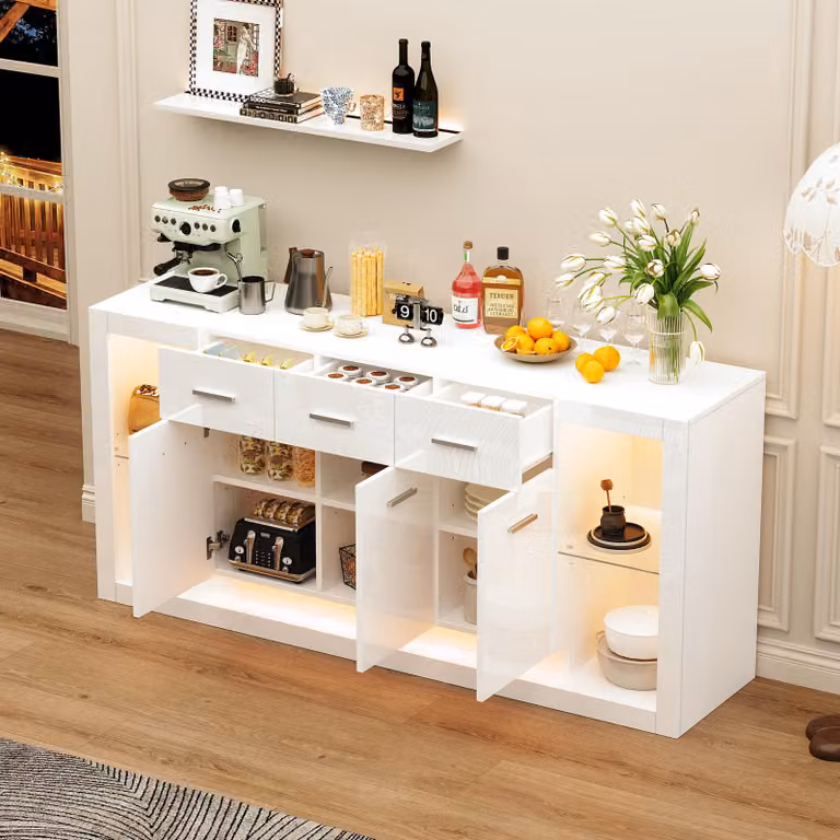 okwish Credenza con 3 cassetti, comò con illuminazione a LED e scomparti portaoggetti, mobile soggiorno con ripiano in vetro temperato, bianco