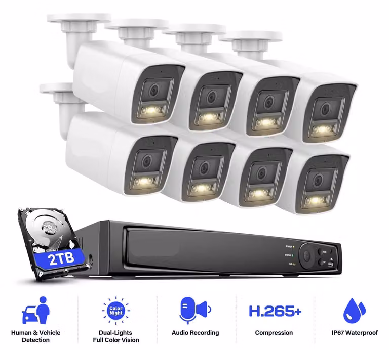 Telecamere di sicurezza - Sistema di videosorveglianza impermeabile - 12MP - Registratore NVR a 8 canali e disco rigido da 2TB - Visione notturna a colori e a infrarossi