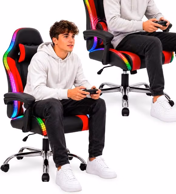 Sedia Gaming Nexor Ergonomica con Luci RGB, Cuscino Lombare Massaggiante e Poggiatesta, Poltrona da Ufficio Reclinabile in Faux Leather con Telecomando, Disponibile in Nero, Rosso, Blu e Rosa
