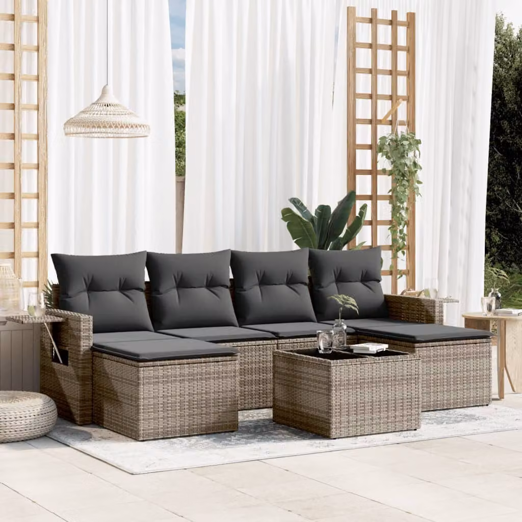 Set Divani da Giardino vidaXL 7 pz in Polyrattan Grigio con Cuscini e Tavolino – 1