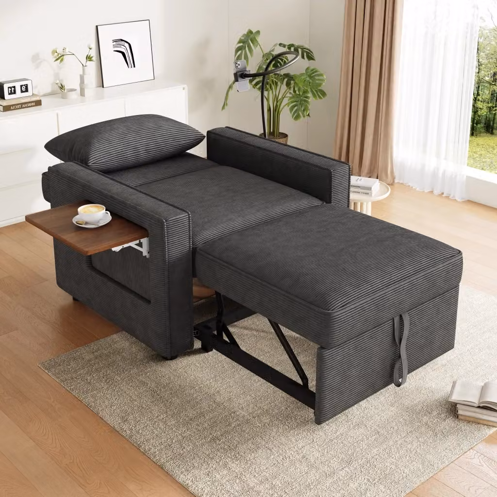 Divano letto REDOM in velluto a coste grigio con cuscino, L/P/H: 150 x 93 x 85 cm – 2