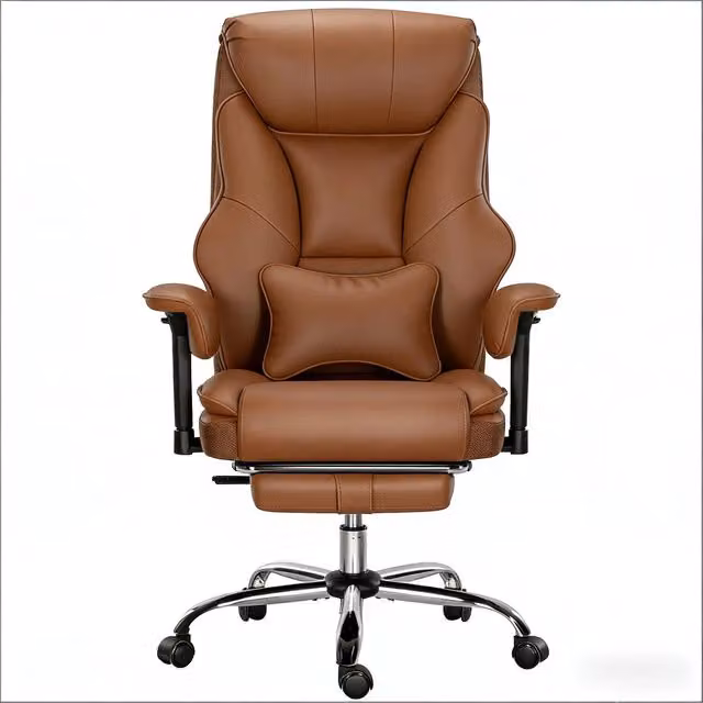 Sedia da ufficio ergonomica girevole in ecopelle marrone con poggiatesta, braccioli e poggiapiedi