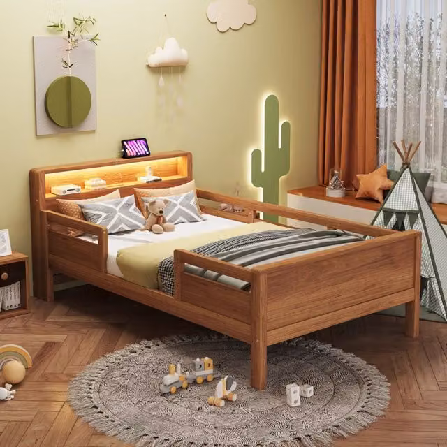 Letto Singolo in Legno di Pino con LED e USB ¨C MINIMAL ¨C 90x200
