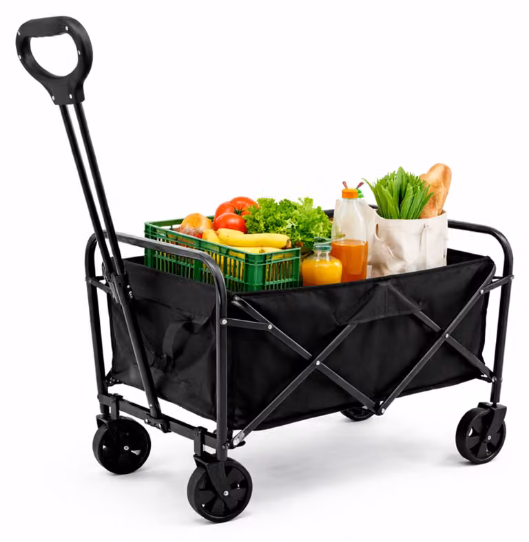 Carrello Pieghevole Nero 75x45x86 cm – Carrello da Trasporto Pieghevole con Tessuto Oxford 600D Antistrappo – Ruote da 5 Pollici con 2 Girevoli a 360° – Maniglia Regolabile – Con 2 Portabicchieri – Ideale per Camping Spiaggia Festival Spesa