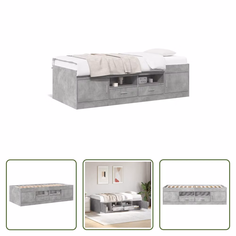 The Living Store Letto da giorno con cassetti in cemento grigio 100x200 cm Materiale a base di legno