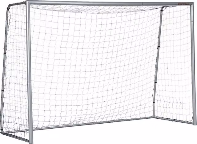 Porta da calcio XYLO resistente alle intemperie con telaio in metallo e rete robusta, colore argento, L 300 x H 200 x P 120 cm