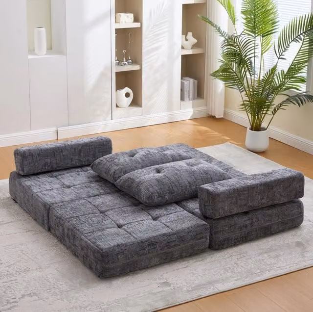 Divano letto pieghevole 79x79x57 cm grigio, con cuscini, tessuto ciniglia, salvaspazio