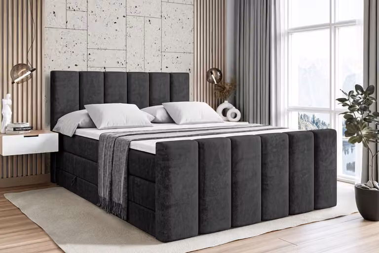 Letto boxspring ALTDECOR con pediera, 2 materassi e topper - 180x200 cm - BOXI1-Z KING - Velluto nero - Letto imbottito con materassi H3 e H4, contenitore e rete a doghe, letto con spazio contenitivo