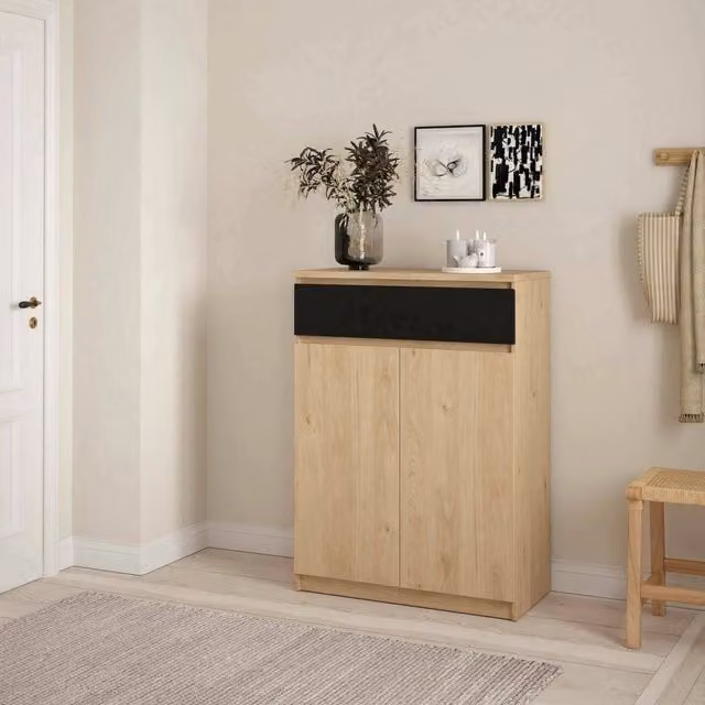 Scarpiera DMORA Moderna con Ante a Ribalta, Armadio da Ingresso Multiuso in Legno e MDF, L/P/H: 80 x 40 x 111,3 cm, Rovere e Nero – 1