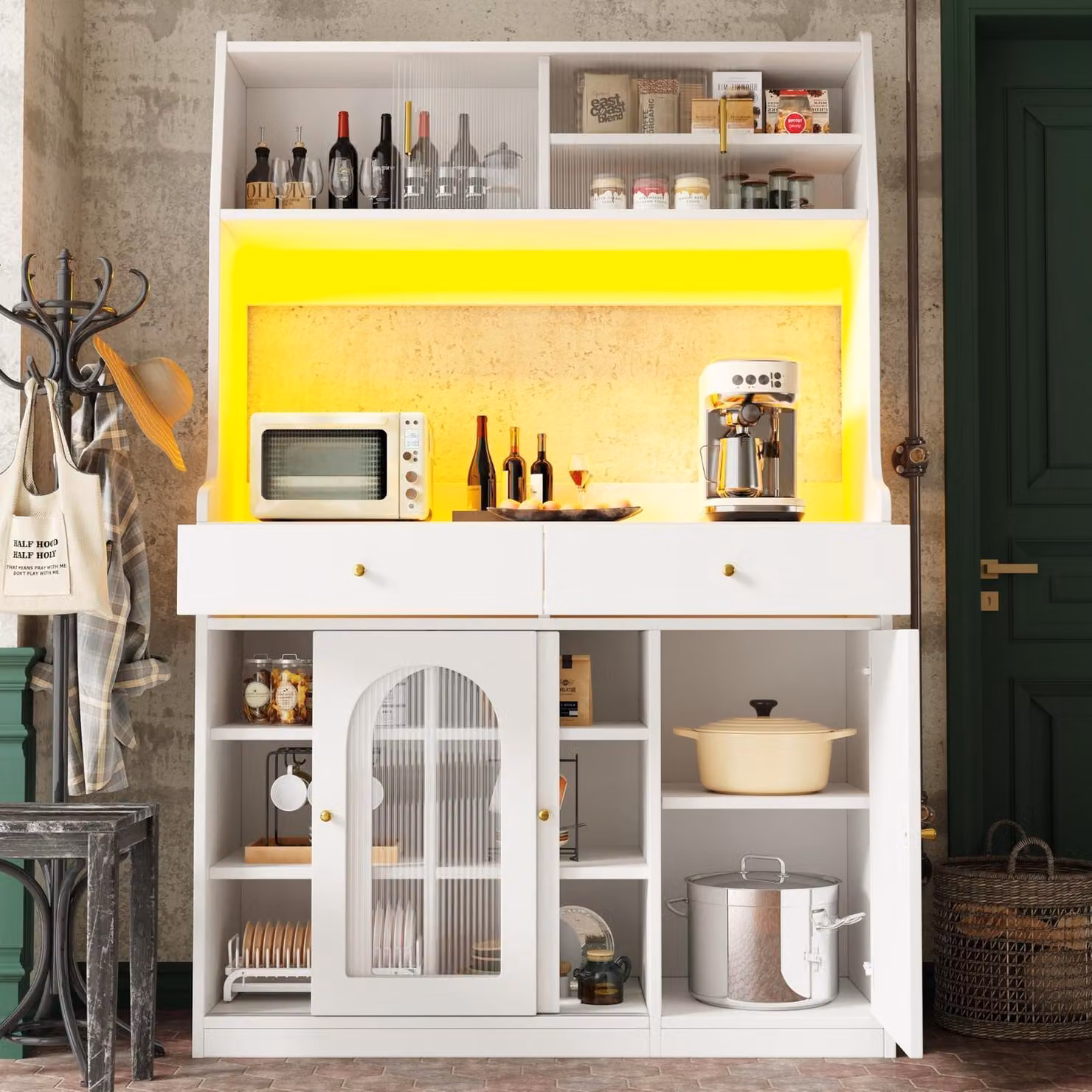 Armadio alto da cucina con illuminazione a LED e porta in vetro, mobiletto dispensa, vetrina, mobile contenitore, bianco, 120x40x180 cm