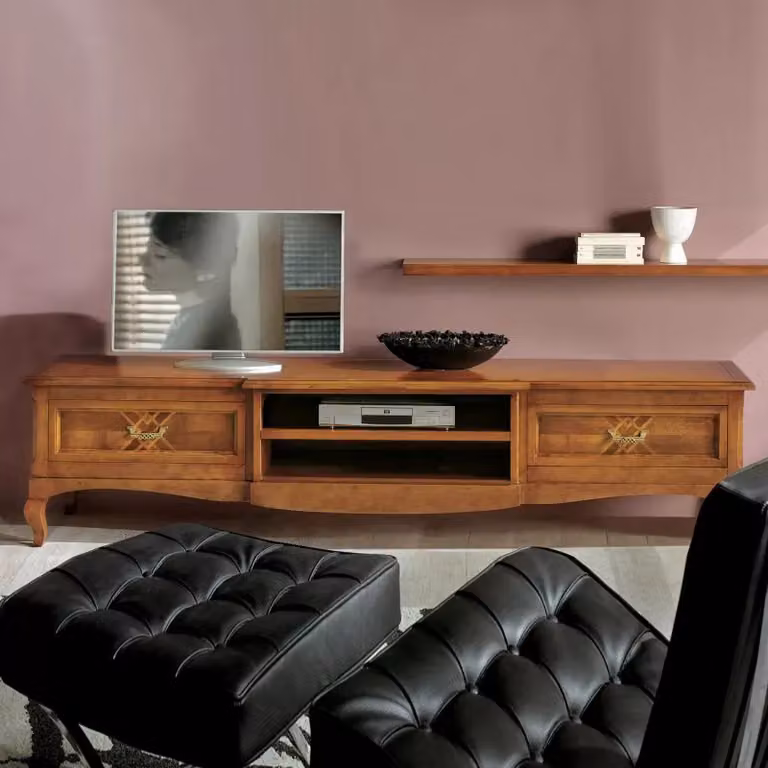 Parete attrezzata porta TV classica Bassano con intarsio in legno e vetro di Mobili 2G, colore marrone