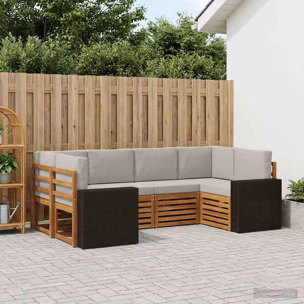 vidaXL Set di divani da esterno a L in legno di acacia con cuscini, 6 pezzi, Beige e Grigio