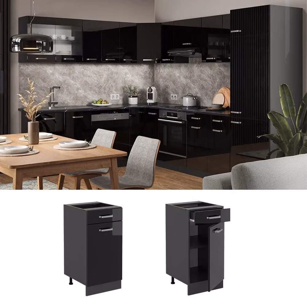 Mobiletto base per cucina Vicco R-Line moderno in nero lucido e antracite con ante a battente L: 40 cm, H: 81.6 cm, P: 46 cm – 2