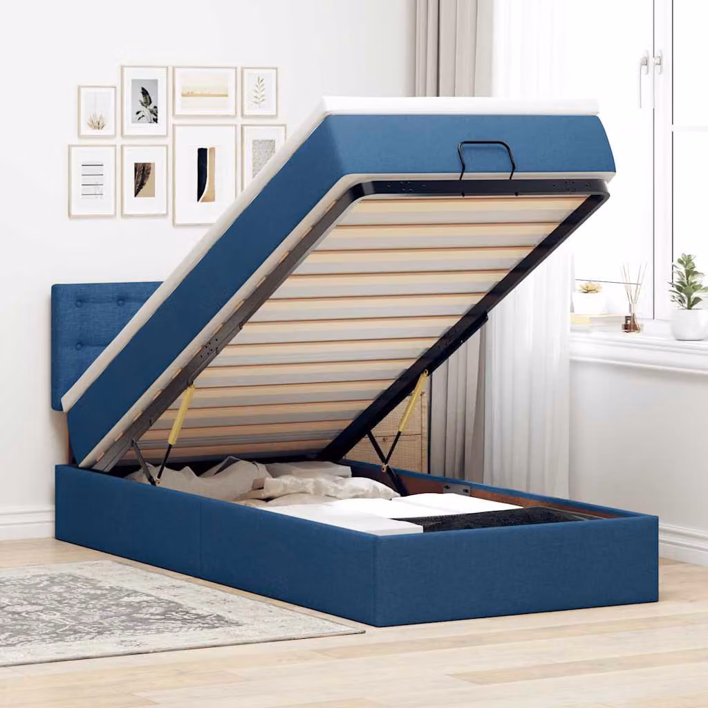 vidaXL Pouf Letto con Materasso Blu e Bianco in Tessuto L: 200 cm, P: 90 cm, H: 88 cm – 1