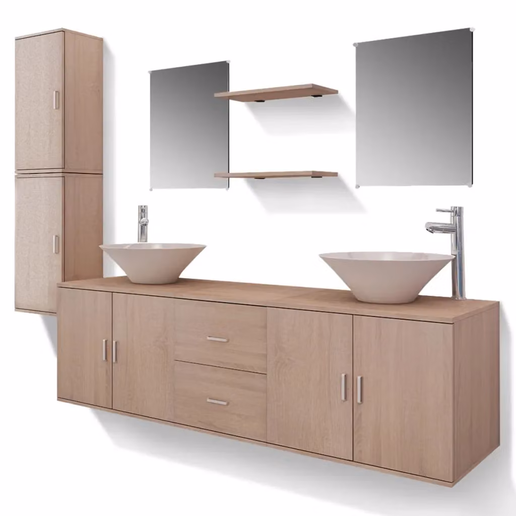 Set Mobili da Bagno Moderno vidaXL in Legno e Metallo, 11 Pezzi, Beige, Bianco e Argento, con Mobile Lavabo e Pensile a Parete – 2