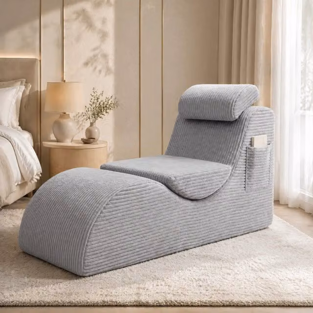 Poltrona ergonomica 160x66x90 cm grigio chiaro, tasca laterale, velluto a coste