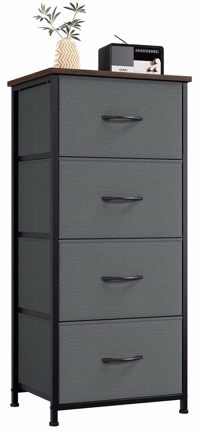 Comodino con 4 cassetti rivestiti in tessuto, colore grigio antracite, dimensioni 30T x 42B x 93H cm