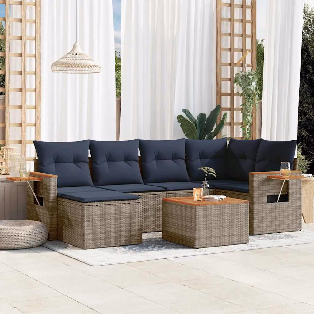 Set da giardino vidaXL in polyrattan composto da 7 pezzi con cuscini grigi e blu per esterno