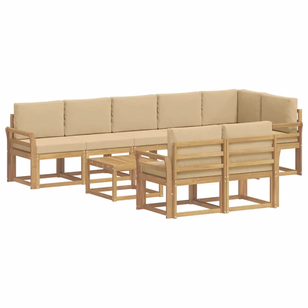 Set di divani da esterno a L con tavolino vidaXL, 9 pezzi, Bianco e Beige, in legno di acacia e tessuto resistente alle intemperie – 2