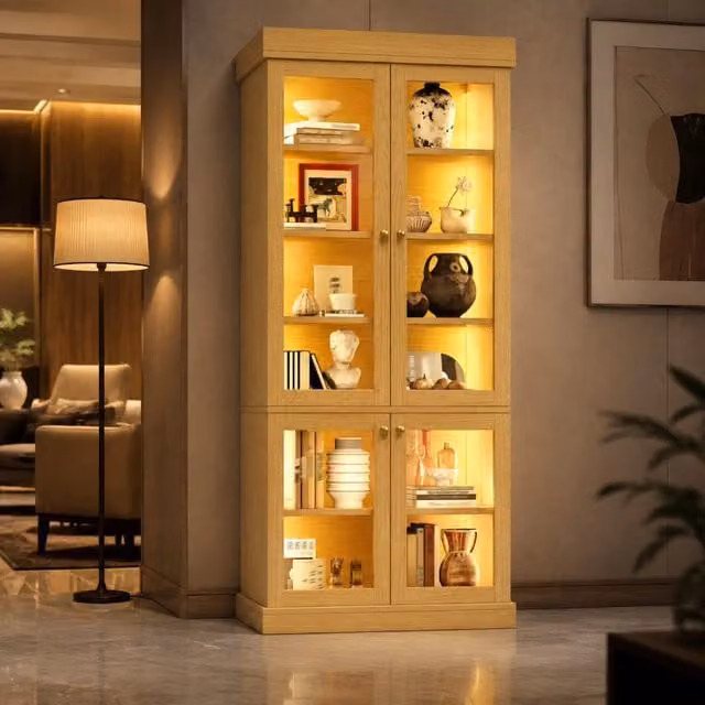 Armadio alto 80x40x180 cm in MDF e vetro con illuminazione LED regolabile; legno naturale