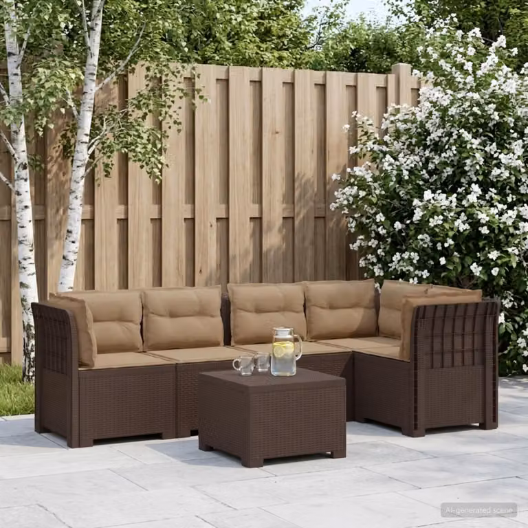 Set da giardino vidaXL a forma di L con divano da 5 posti, poltrona, tavolino e cuscini in polyrattan marrone