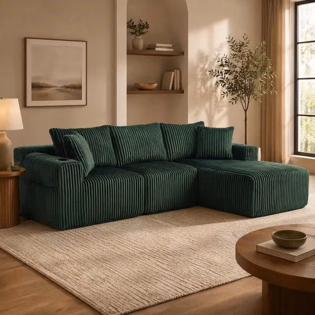 Divano modulare con chaise longue e 2 posti; in corduroy verde smeraldo; 257×160×62 cm