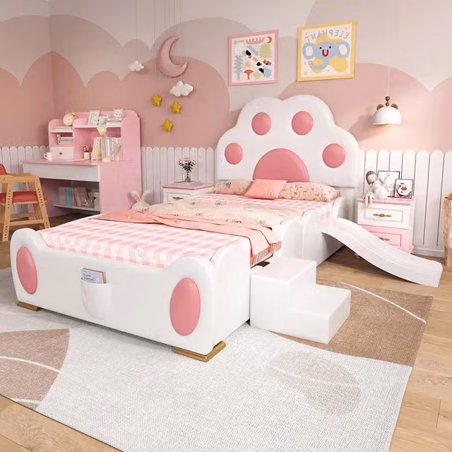Letto bambino-Xylo-90x200 cm-testo zampa gatto, scivolo, scala, bianco+rosa