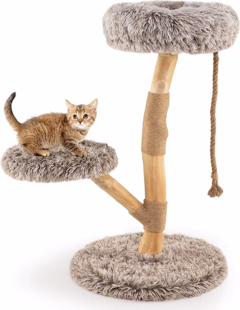 GOPLUS Tiragraffi in legno, tiragraffi da 90 cm con pali in juta, sedute in peluche e corda, tiragraffi a più piani per gattini