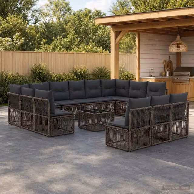 Set Divano da Giardino a L con Poltrona e Tavolino vidaXL, 14 Pezzi, Grigio, in Polyrattan e Metallo con Cuscini Inclusi