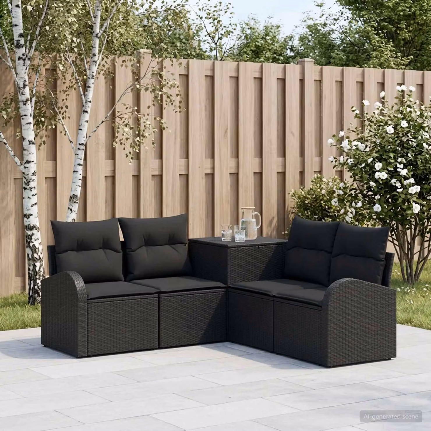 Set di divani da giardino a forma di L vidaXL in rattan nero e acciaio con cuscini inclusi