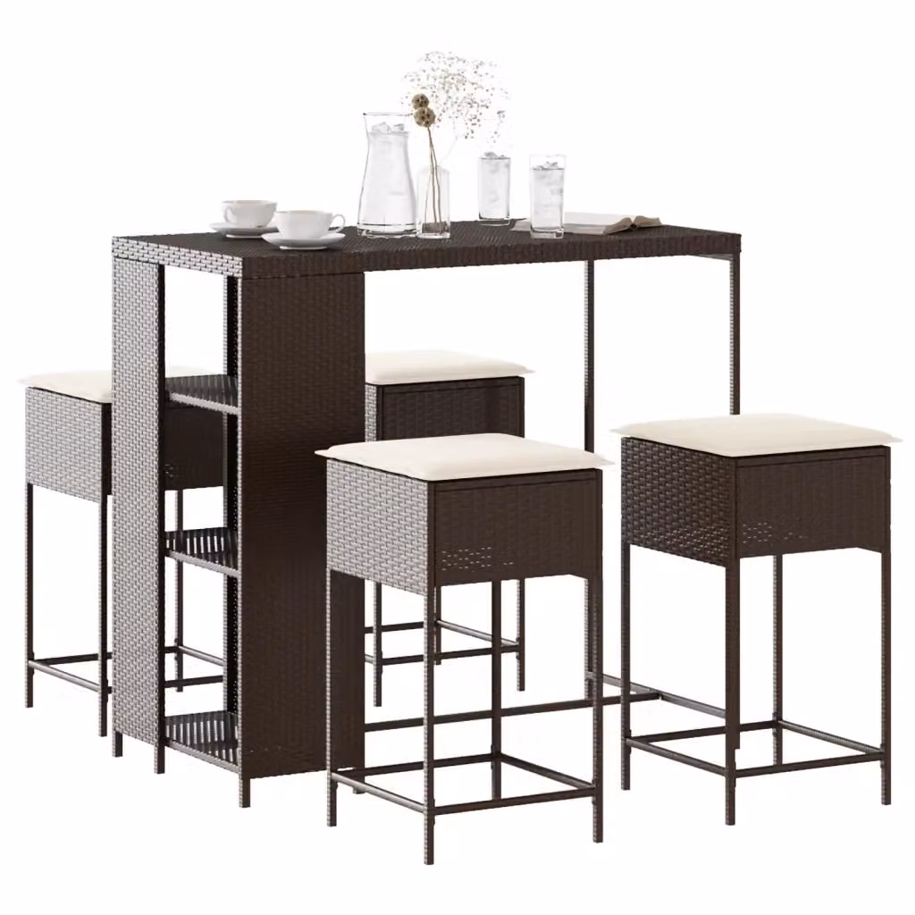 Set Bar da Giardino 5 pz in Polyrattan Marrone e Bianco con Cuscini – 2