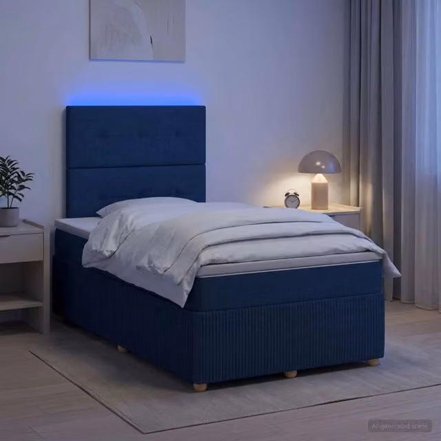 Letto Box Spring vidaXL con Materasso Ibrido e Illuminazione LED Sotto il Letto, Tessuto Blu e Bianco, L/P: 120 x 200 cm
