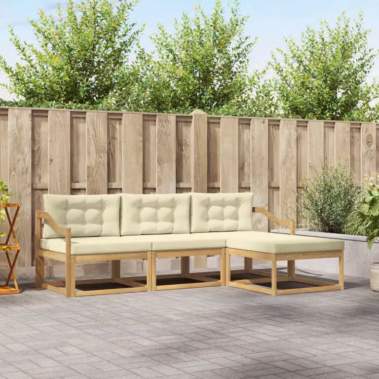 vidaXL Set di divani da esterno a L con pouf 4 pz in legno di acacia, Bianco, Beige e Marrone