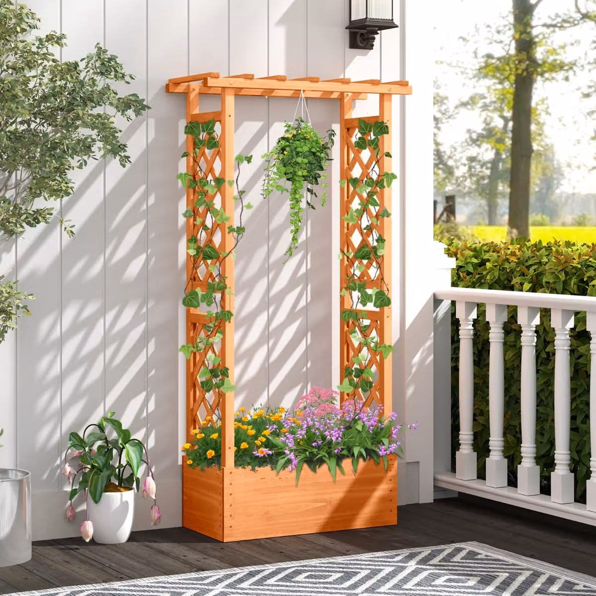 Letto da giardino rialzato con traliccio e fioriera in legno marrone Costway