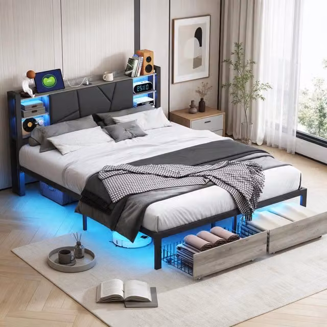 Letto matrimoniale 160x200 cm con contenitore 2 cassetti LED testiera con mensola in metallo e PU - nero