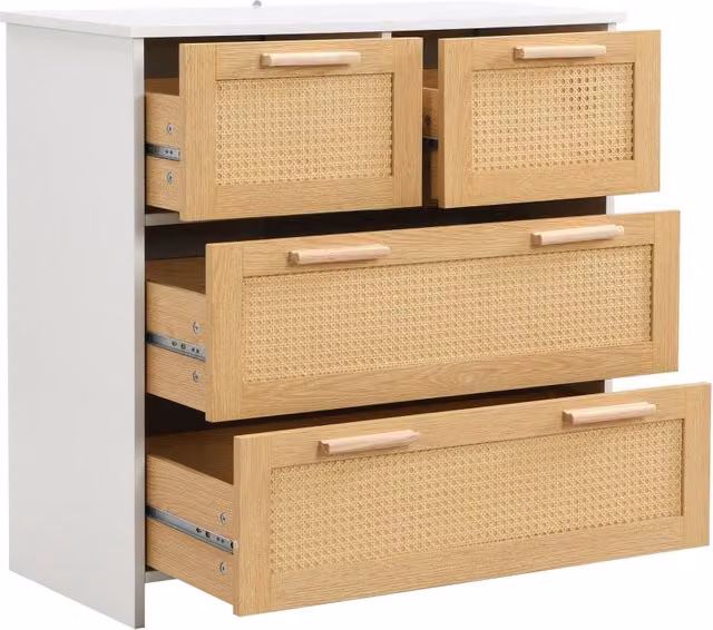 Cassettiera con 4 Cassetti in Rattan e Maniglie in Legno Massello; Stile Moderno; in MDF; Naturale e Bianco; 80×38×80 cm