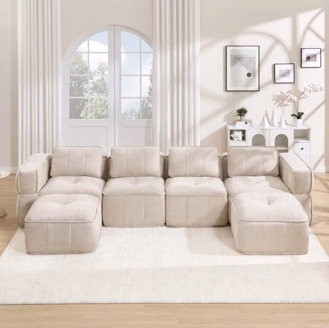 Divano modulare a U 344x162 cm senza struttura in poliestere beige con base antiscivolo