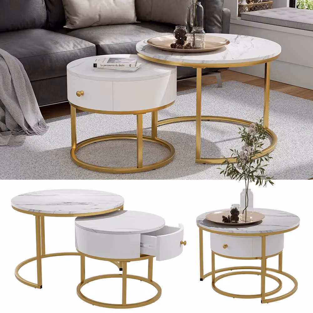 Set di tavolini Madrid Vicco bianchi con piano effetto marmo e design moderno L/P/H: 70 x 70 x 48 cm – 2