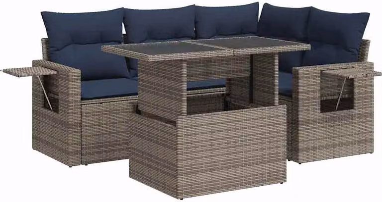Set Divani da Giardino 5 pz con Cuscini Grigio Polyrattan Acacia