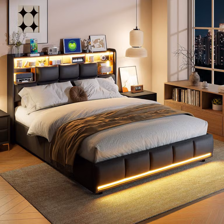 Letto a pressione a gas ProximaX 140×190 cm con LED su testata e pediera, USB e vano portaoggetti - Letto moderno e funzionale per camere da letto, nero