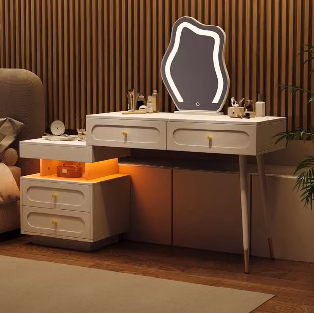 Tavolo trucco bianco con specchio LED e 4 ampi cassetti, dimensioni 140x40x130 cm senza sgabello