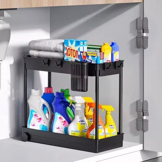 Organizer Famanu per armadietto della lavanderia, con cerniera – Scaffale da posizionare sotto il lavandino – Scaffale a 2 ripiani per erbe aromatiche – Colore nero